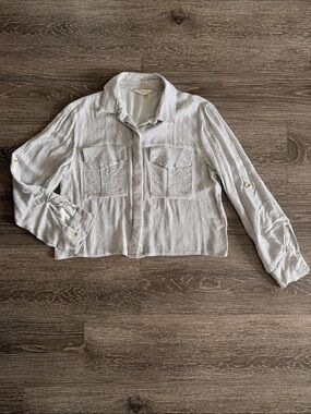 Sim & Sam Striped Utility Style Button Down Shirt in White and Light Gray